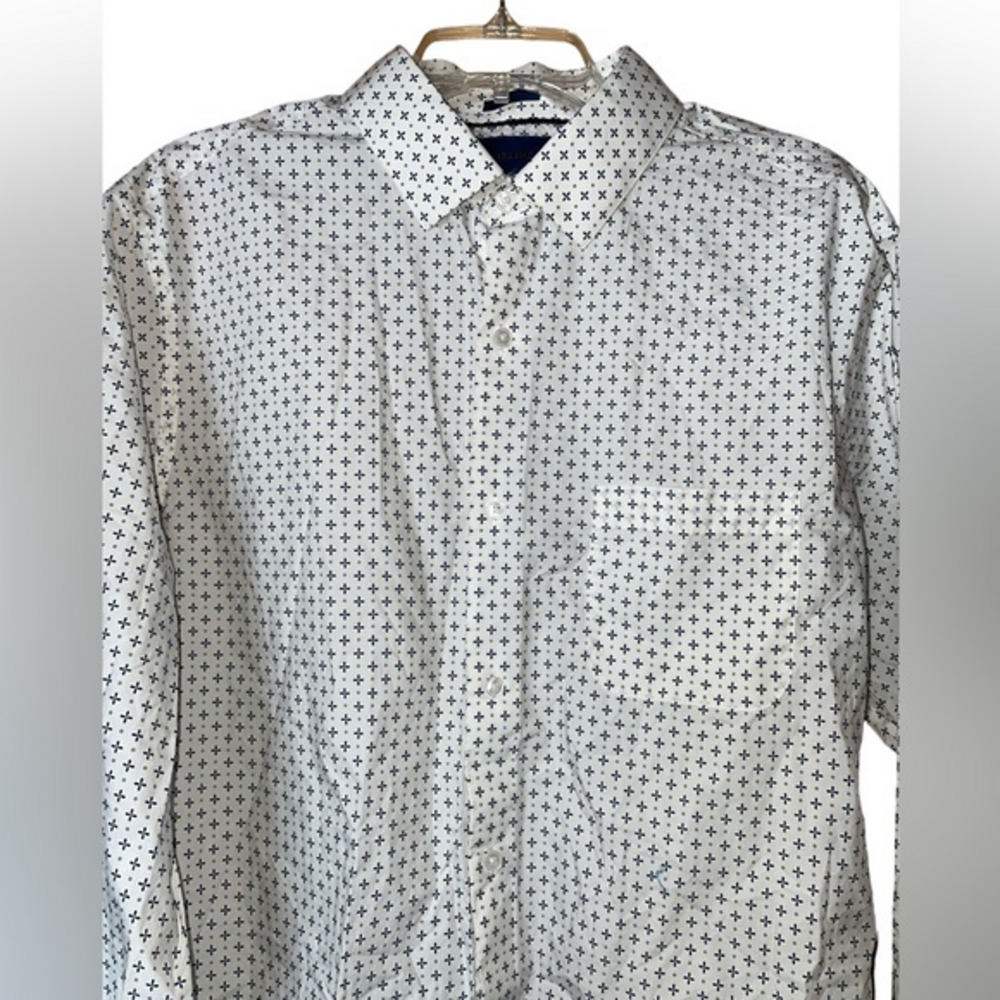 Fairline Men’s Slim Fit Cotton Button Down‎ Dress Shirt White Blue Modern XL